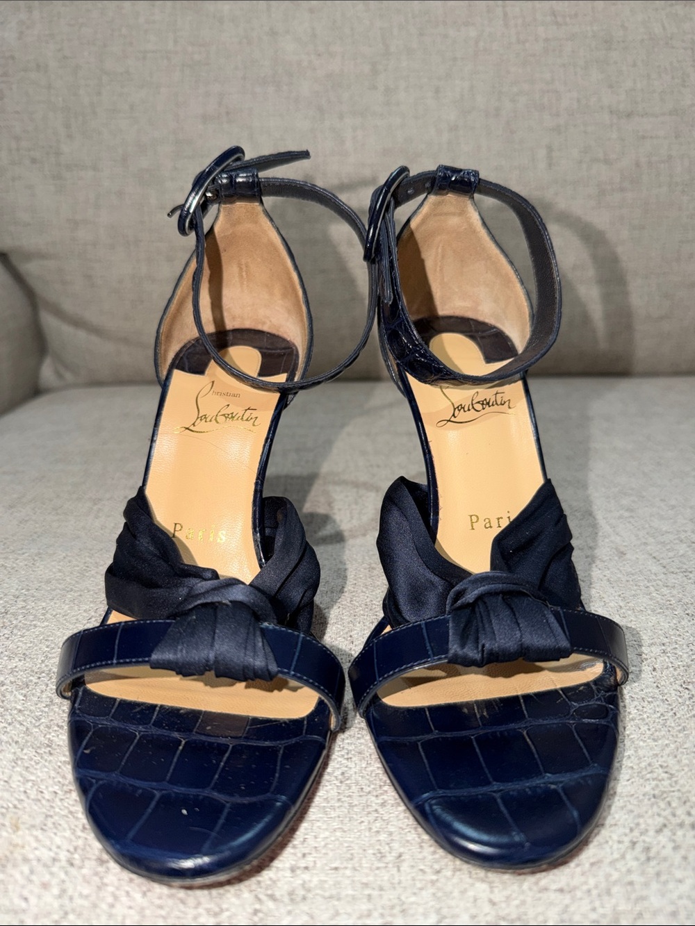 Christian Louboutin Navy Blue Croc Leather & Satin Knot Ankle Strap Heels